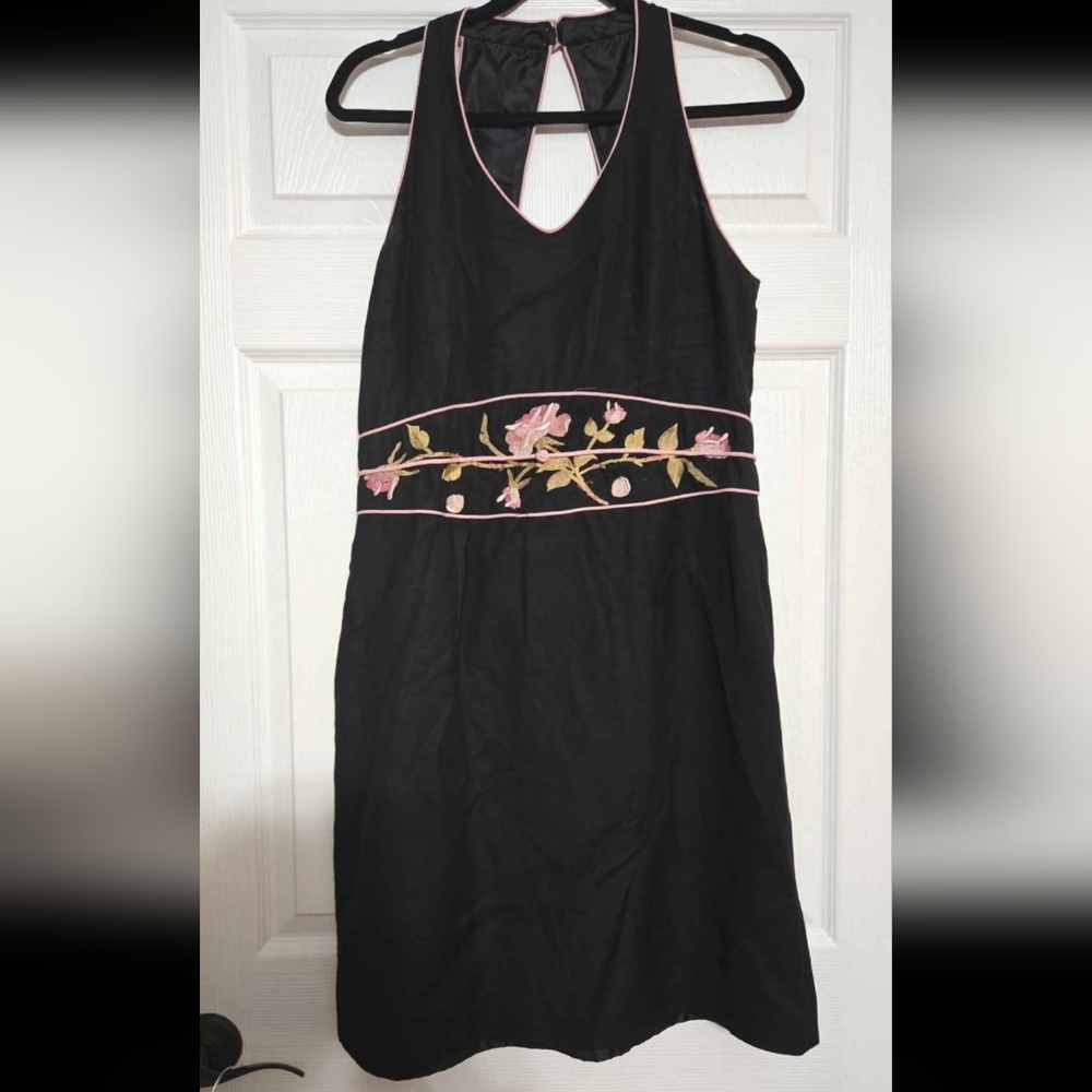 Vintage Black Jessica Howard Dress with Pink Floral Embroidery